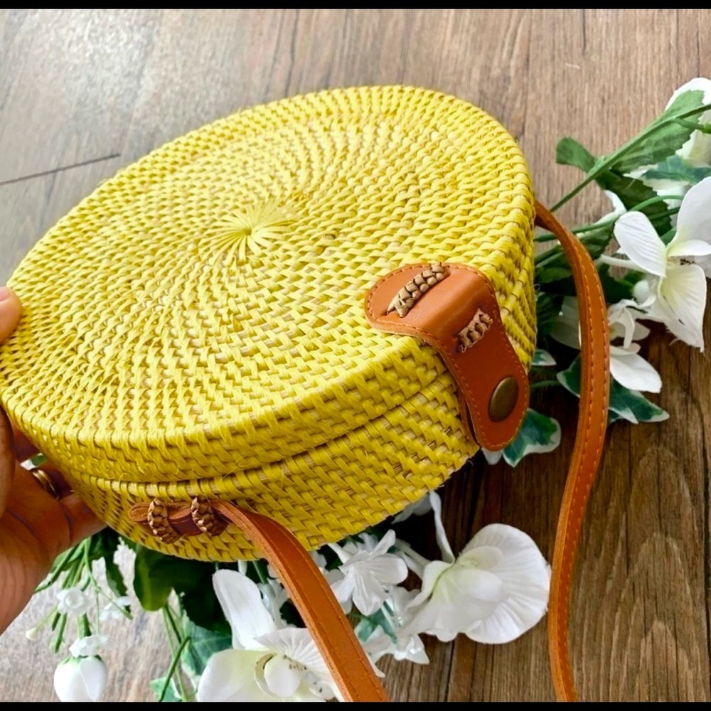 Yellow Woven Rattan Style Round Crossbody Bag Tan Strap Floral Lining